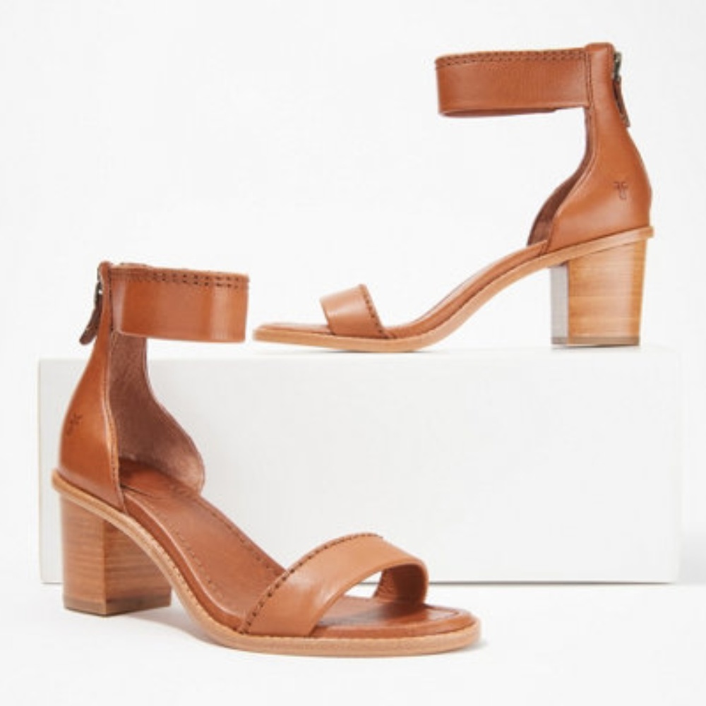 Frye Brielle Cognac Back Zip Ankle Heel Sandals - Picture 8 of 16